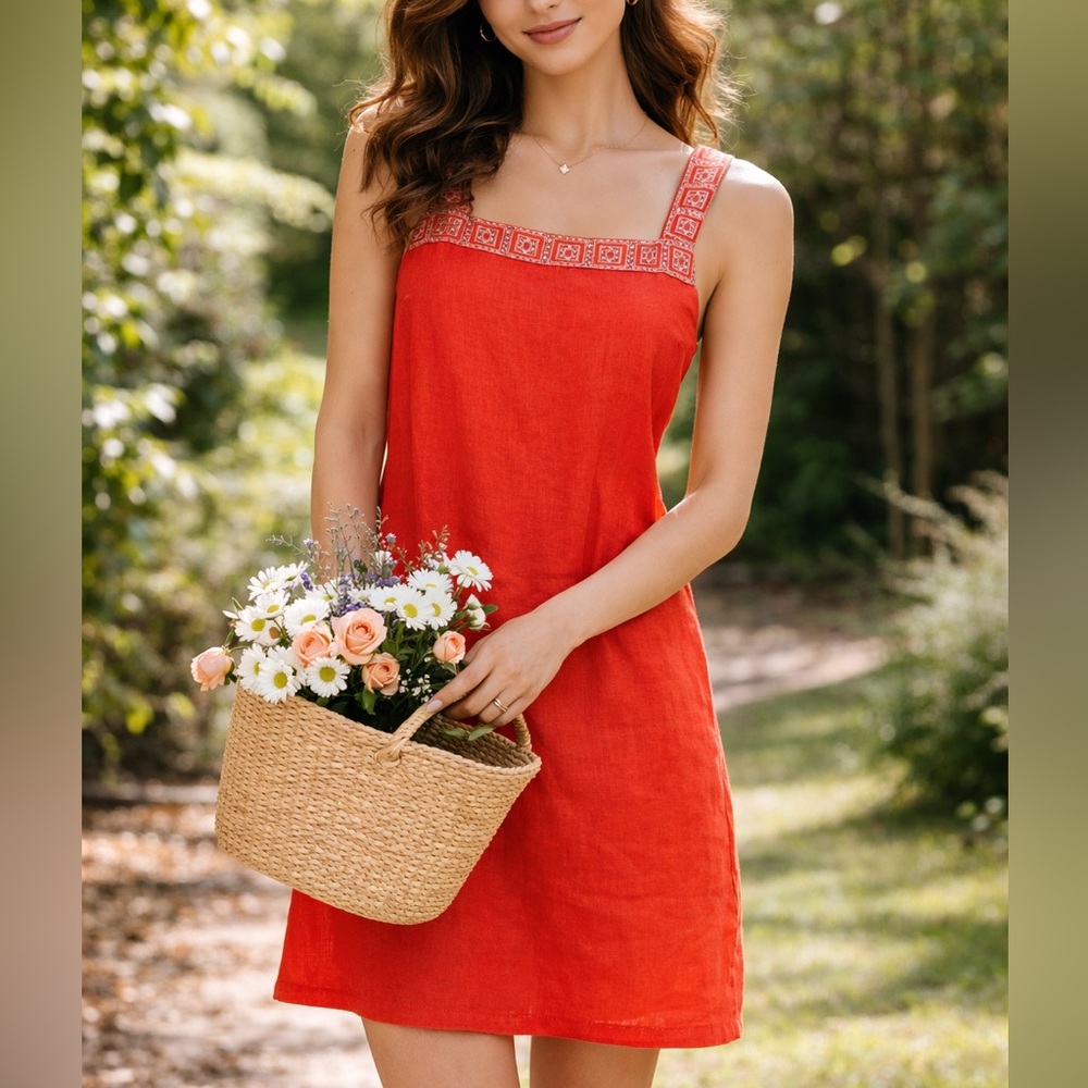 Orange Beaded Linen Dress